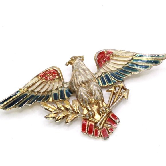 Vintage Silson Jewelry WWII Patriotic White Blue Red Eagle Enamel Figural Brooch - Picture 1 of 6